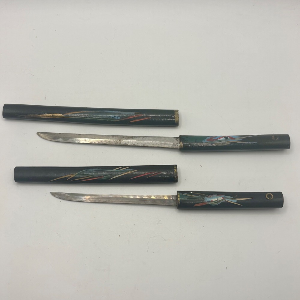 Vintage Hand Painted Japanese Katana Style Letter Opener Set Souvenir 2pc Black